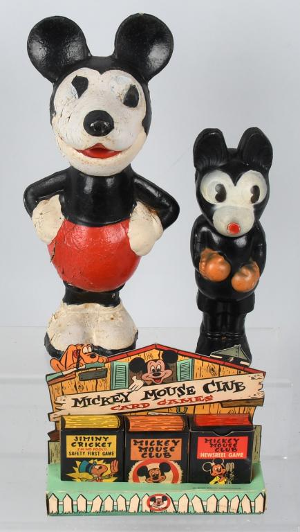 2- MICKEY MOUSE FIGURES & GAME SET: Includes Mickey Mouse with Boxing Gloves, Rat Nose Mickey Mouse, and Mickey Mouse Club Game Set. Large Mickey figure has some loss. Largest 12" Very Good-Excellent