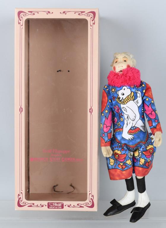 STEIFF FILZPUPPE REPLICA: Steiff Filzpuppe replica. Original button and flag. Flag No. 9130/43. In original box. Very Good Condition