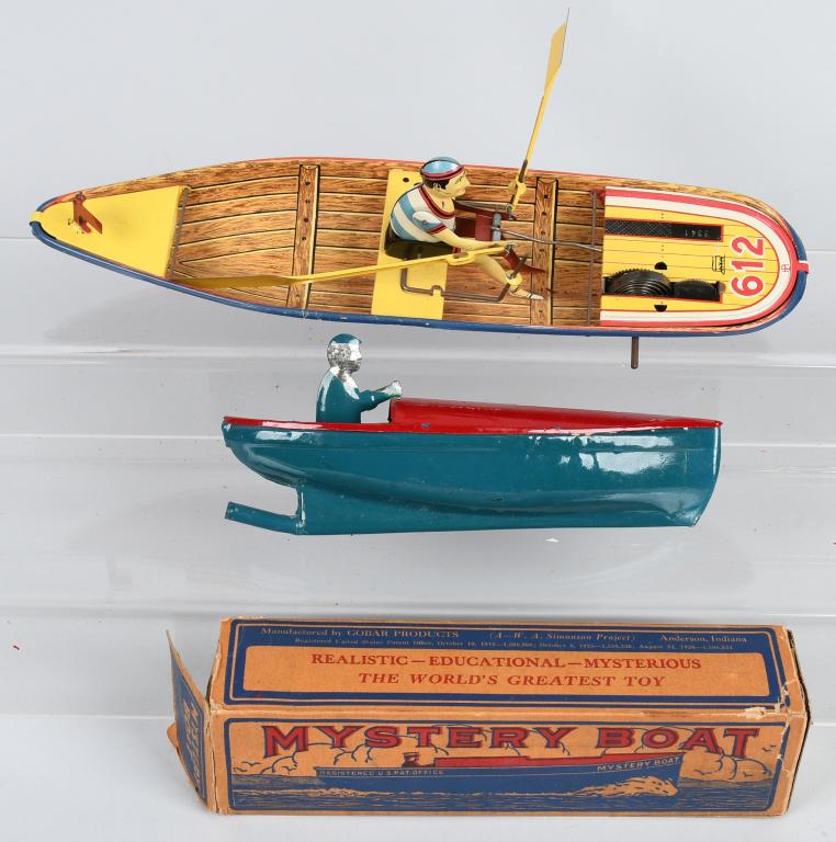 MYSTERY BOAT w/ BOX & PAYA ROW BOAT: Gobar tin steam powered Mystery Boat with Box and Modern tin windup Paya Row Boat. Largest 14" Excellent