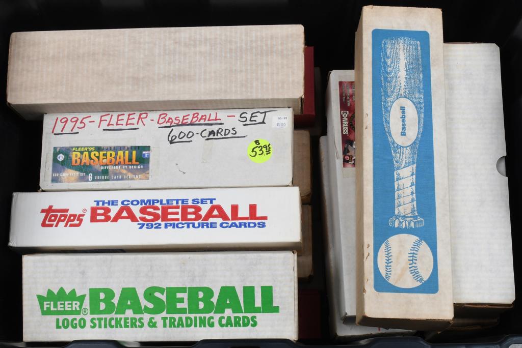 20 COLLECTOR SETS BASEBALL CARDS TOPPS, 80s 90s: 20 collector sets of baseball cards in cardboard sleeve boxes. Dates range from late 1970s to early 1990s. Topps, Fleer, Score, and more. Some sets incomplete. Excellent.