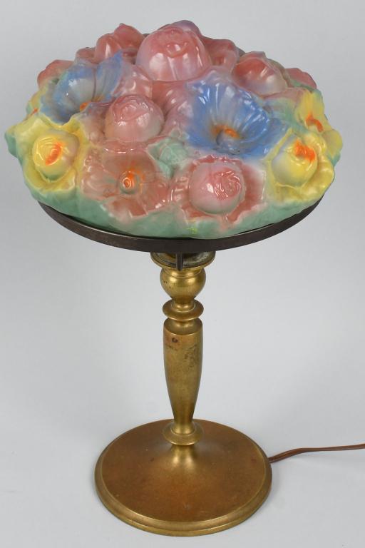 PAIRPOINT FLORAL PUFFY BOUDOIR LAMP: Beautiful Pairpoint Puffy Boudoir Lamp. Colorful floral design with very nice colors. Measures 7 1/2" at rim and 4" high. With nice brass single socket base. 15" Tall. No marking found but has all the