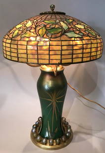 TIFFANY OAK & ACORN SHADE w/ ART GLASS BASE LAMP: Wonderful Tiffany Studios Oak Leaf and Acorn Leaded Glass Shade with Art Glass Base. 18" Oak Leaf and Acorn style dichroic glass shade with beautiful green and purple tones. Has normal cracked panels.