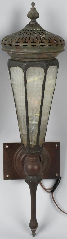 TIFFANY LEADED GLASS SCONCE: Early Tiffany Leaded Glass Sconce. Bronze sconce with frosted glass with off white accents. Has some typical cracked panels. Complete with top vent and wall mount. 22" Tall, 6" Wide, 6" Deep. Very Goo