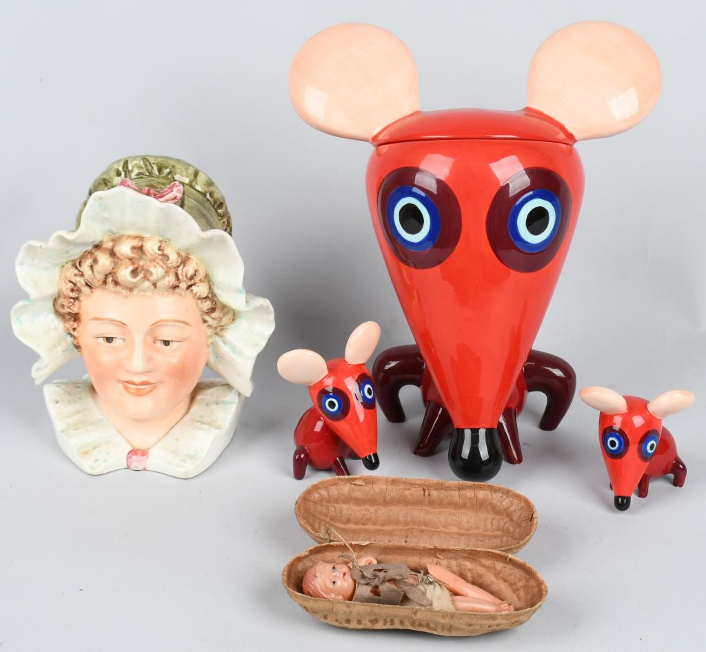 LOT LADY HEAD VASE, MOUSE S&P, CELLULOID DOLL: Lot includes absract ceramic10" Mouse cookie Jar with matching salt and peppers, a lady in bonnet head vase, and a Japan 4 1/2" celluloid doll in peanut. Excellent