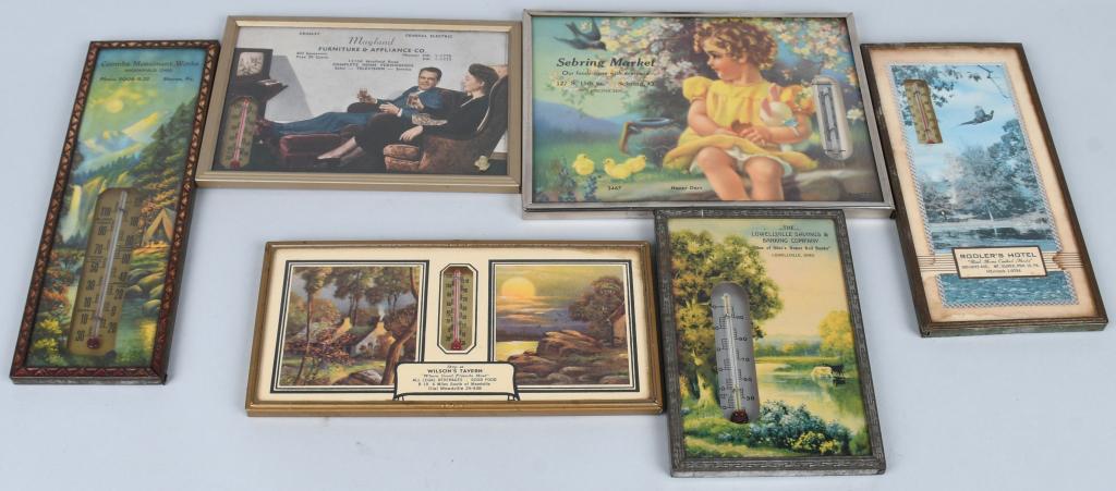 6-VINTAGE GLASS PICTURE ADVERTISING THERMOMETERS: Nice grouping of colorful vintage advertising thermometers, some of which have calendars. 1930's-early 1950's. Largest is 8" by 6". Very Good-Excellent