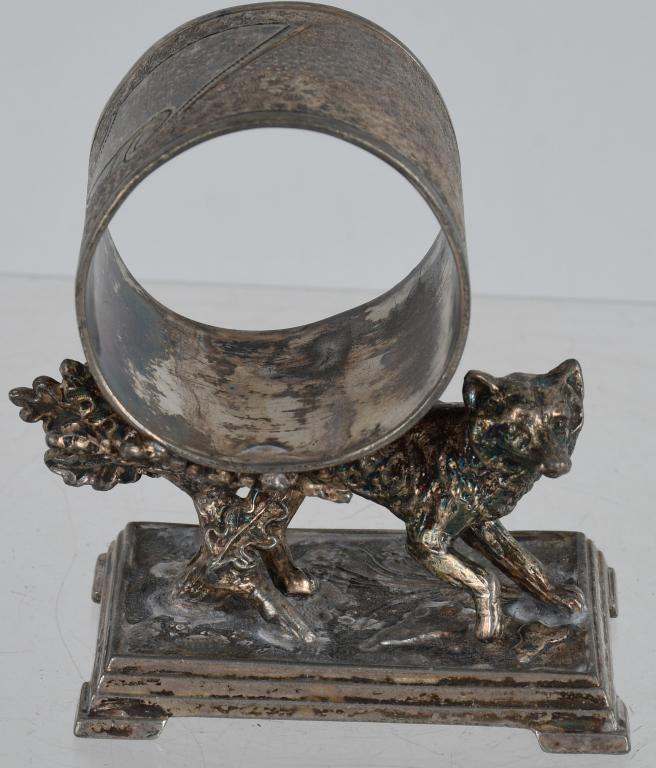 FIGURAL NAPKIN RING FOX & OAK TREE, DERBY SILVER: Very nice fox and oak tree figural silverplate napkin ring made by Derby Silver. 3 1/8", Excellent