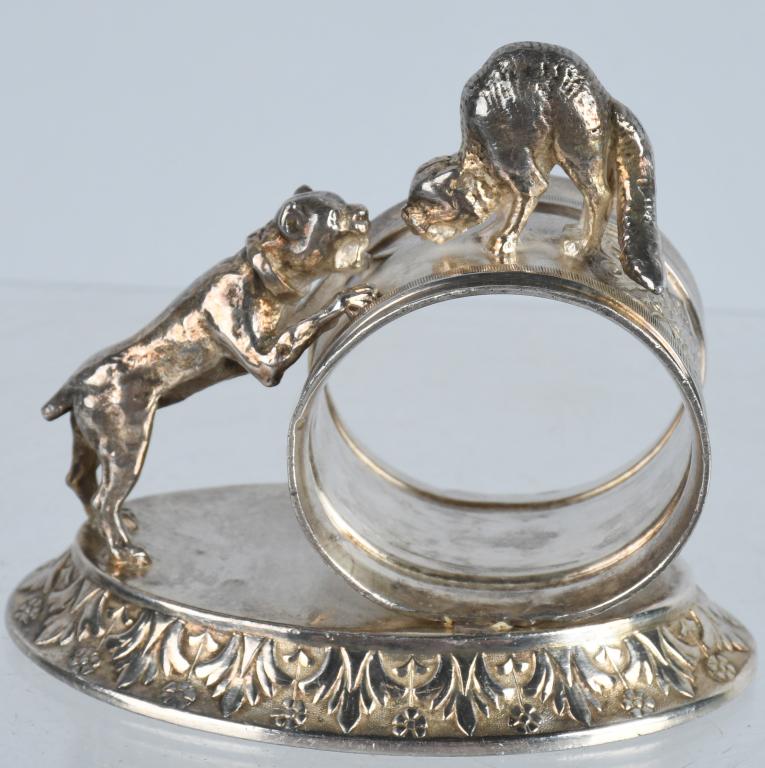 FIGURAL NAPKIN RING DOG and CAT, MERIDEN SILVER: Ornate silverplate napkin ring made by Meriden silver. 3 1/2" by 3", Excellent