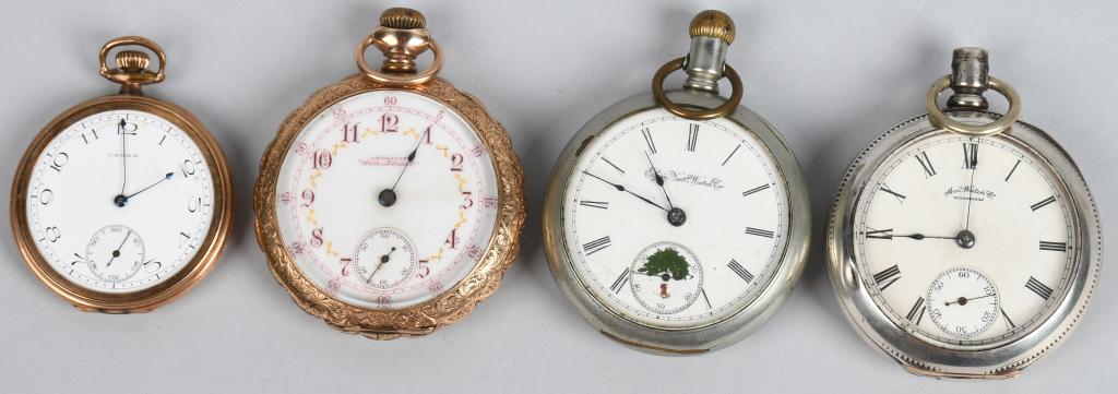4-VINTAGE POCKET WATCHES: Includes a stem wind American Waltham watch co, a key wind American Waltham watch co in coin silver case, a Elgin watch in silveroid case, and Crown watch in gold plated case. The watches do not work.