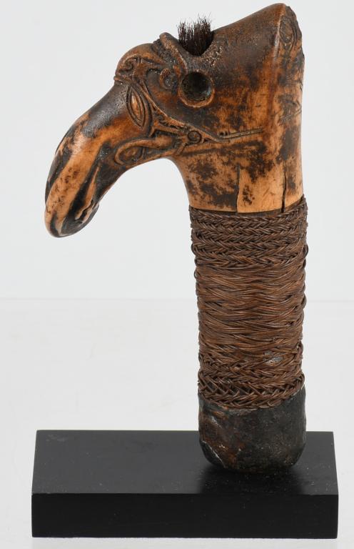 DAYAK BORNEO SWORD HANDLE ca 18th C: Dayak, Borneo Island 18th Century Deer Antler Sword Handle Rattan Binding & Tree Resin Carved in a intricate Open Space Design, it shows great skill and a Wonderful Composition. This is a Hilt of the 