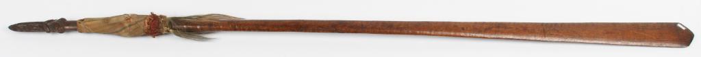 19th C MAORI CHIEF SPEAR WITH HUMAN HAIR ON FINIAL: New Zealand, Maori, Polynesia 19th Century Wood Chieftain Spear Note: Textile and Human Hair on finial! Symbol of chieftain hood Provenance: Hawaii Coll.