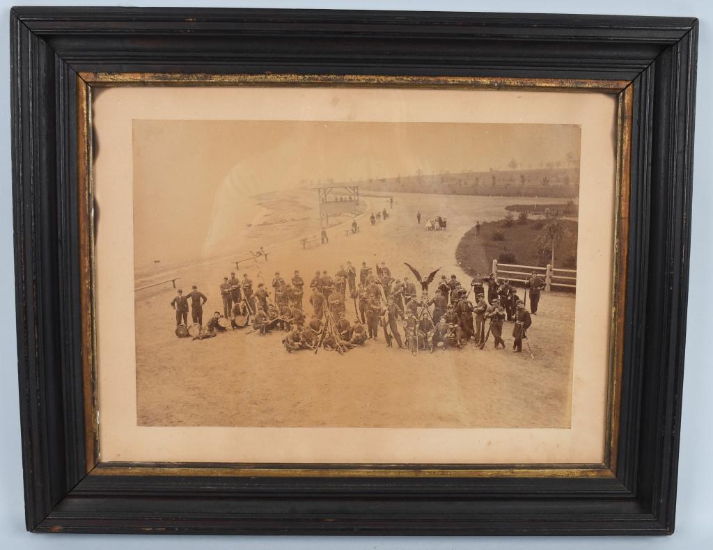 CIVIL WAR MAMMOTH PLATE ALBUMEN 8th WISCONSON REG.: This is the second of several lots from an archive of the 8th Wisconsin. This lot consist of a Mammoth Plate Albumen of the 8th Wisconsin. Photo depicts Old Abe the battle eagle with member's of regim
