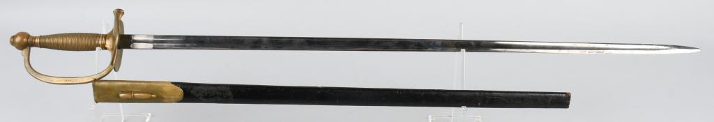 CIVIL WAR MODEL 1840 NCO SWORD & SCABBARD: Model 1840 N.C.O. sword manufactured by C. Roby of West Chelmsford, Massachusetts and dated 1863 on the 32" bright single fuller blade. Brush marks are still present above ricasso on each side and lea