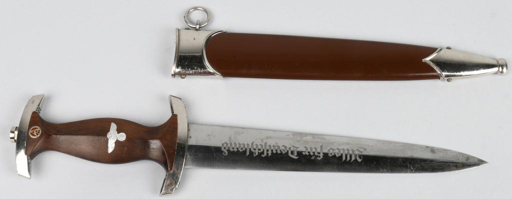 WWII NAZI GERMAN M33 SA DAGGER BY SMF: This SMF SA Dagger is a very nice example with a nickel plated tang nut and guards. The plating remains bright throughout. The grip is a nice example being a typical RZM type with a high center ridge.