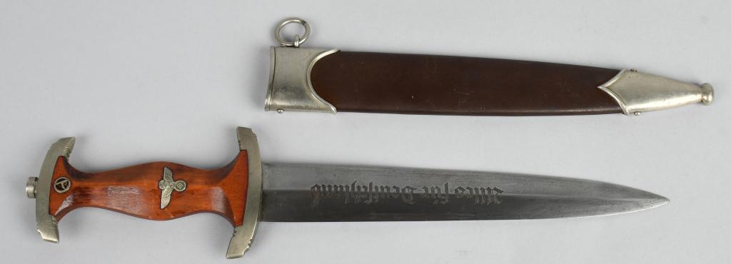 WWII NAZI GERMAN M33 SA DAGGER BY AUGUST BICKEL: Early nice quality dagger features a roughly 8 3/4" (22.2 cm), long double edged nickel/silver plated drop forged steel construction blade with a low central ridge and a full length including the hilt