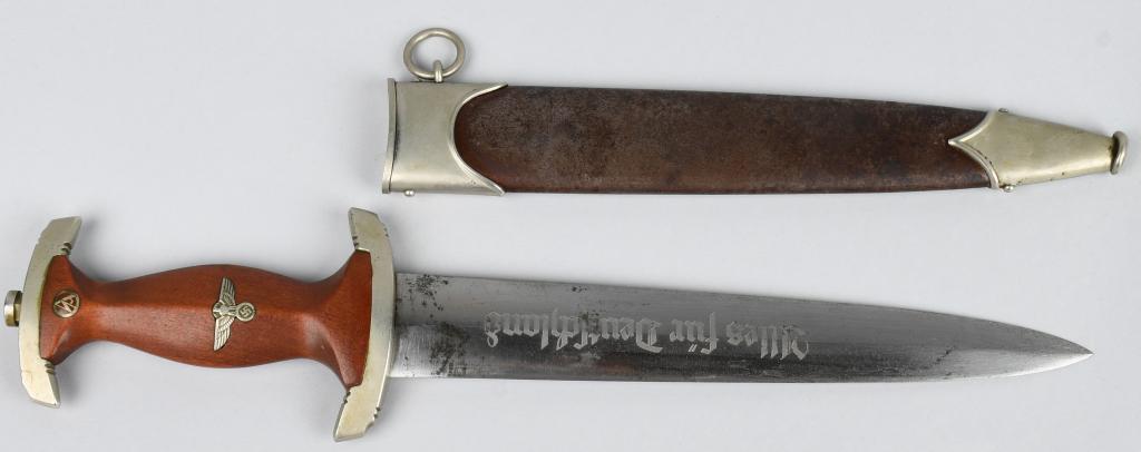 WWII NAZI GERMAN M33 SA DAGGER BY ROB. GIERSCH: Early nice quality dagger features a roughly 8 3/4" (22.2 cm), long double edged nickel/silver plated drop forged steel construction blade with a low central ridge and a full length, including the hil