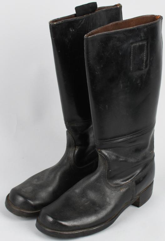 WWII NAZI GERMAN HOBNAIL BOOTS MINT CONDITION: Nice quality issue quality blackened leather construction boots are roughly 32cm tall from the top of the heel to the top of the back calf section. The boots have a machine stitched central vertical s