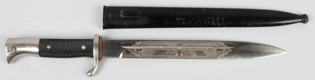 WWII NAZI GERMAN SINGLE ENGRAVED BAYONET KLASS: Roughly a 10 inch long nickel/silver plated drop forged steel construction blade with deep narrow fullers to each side a top edge swedge to the forward tip and an acid etched design to the obverse. Bl