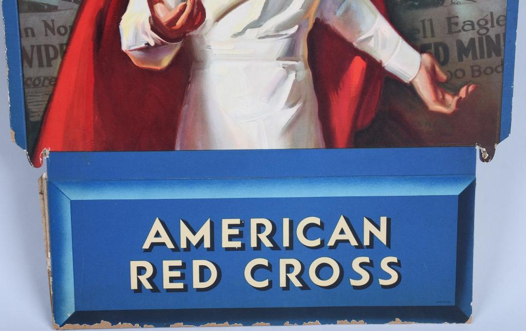 WW1 ERA JOIN AMERICAN RED CROSS: Very nice colorful counter top cardboard poster depicting a Red Cross Nurse. Artwork is by Lawrence Wilbur. Has edge wear. 22" by 16". Very Good-Excellent