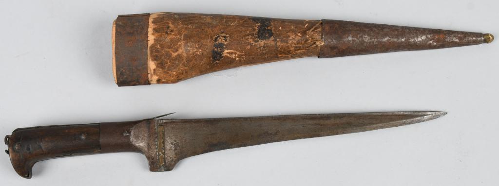 AFGHAN CHOORA KNIFE WITH SCABBARD: Afghan Choora Knife with original wooden scabbard with steel tip. Knife has original horn handles and traditional T Shaped blade which was intended for use against chain mail armor. Knife remains in v