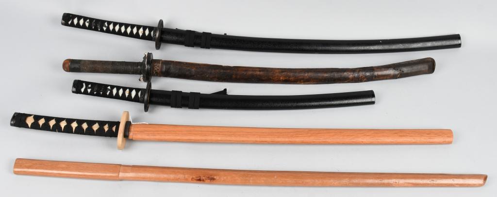 5 JAPANESE STYLE KATANA SAMURAI SWORDS & TRAINERS: Lot of 5 contemorary samurai katana swords. 2 of them are made of wood and meant for training purposes for martial arts. 3 of them have metal blades with active tempered edges, but no honed edge. Long