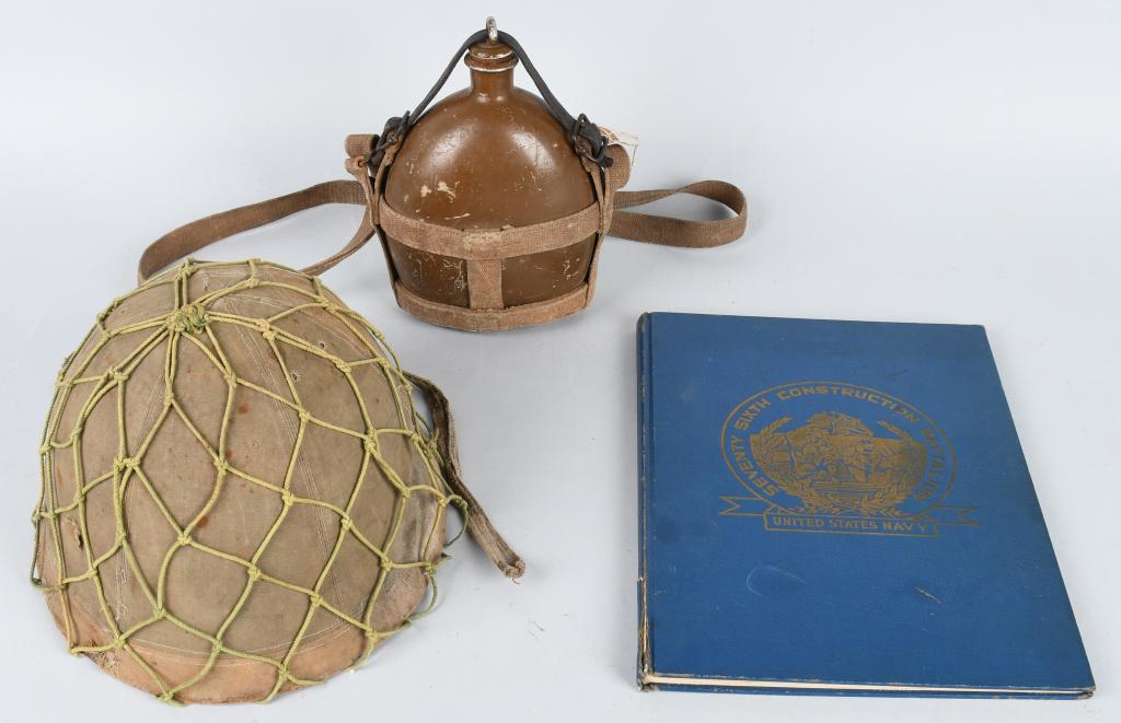 WWII JAPANESE CAMO HELMET GROUPING CANTEEN w/ TAGS: If you are going to buy 1 Japanese helmet, this is the one to buy. These artifacts was brought back by Seabee Ben Thompson of the 76th Construction Battalion. While overseas Ben obviously having a kee