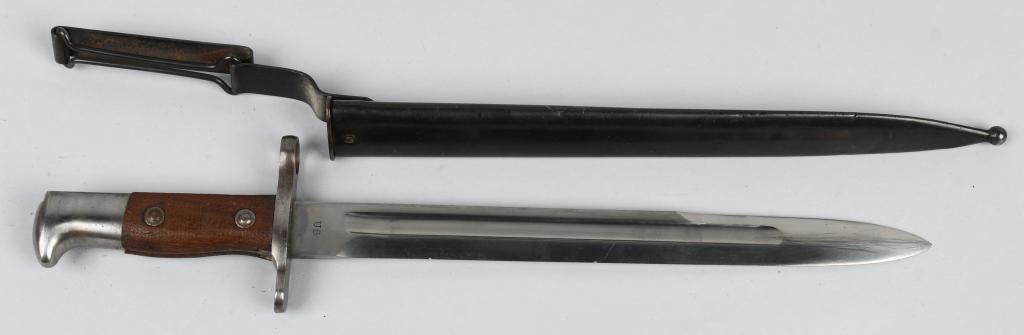 US KRAG RIFLE BAYONET MODEL 1892: Model 1892 Krag Rifle bayonet, dated 1902 and marked "US" in original scabbard. Blade measures 11.6", 16.25" overall length. Scabbard shows age, but retains approximately 95% of original finish with s