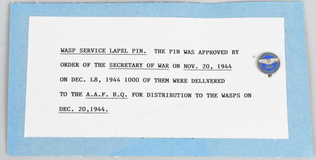 WWII WASP SERVICE LAPEL PIN BY AMICO IN STERLING: WWII WASP pilot service lapel pin. The pin was approved by order of the Secretary of War on Nov. 29th 1944. On Dec. 18th 1944, 1000 of them were delivered to the A.A.F.H.Q for distribution to the WASP