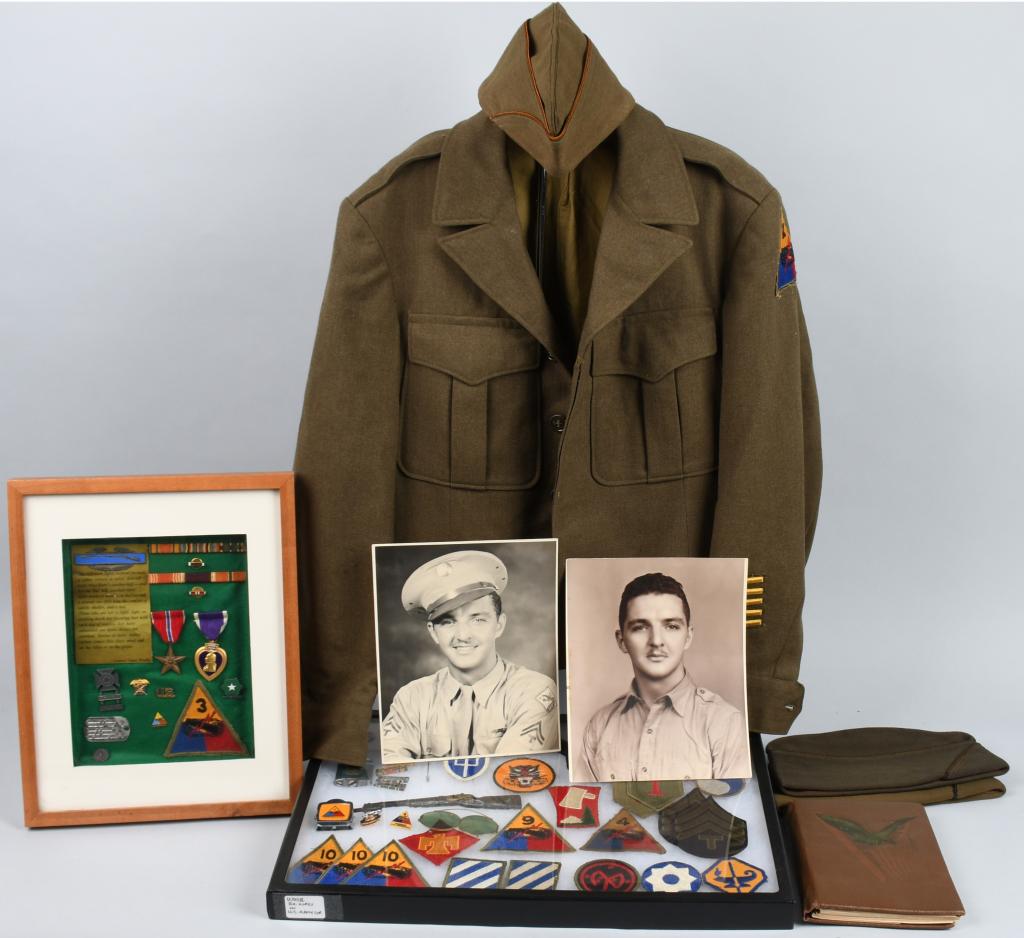 WWII 3rd ARMORED DIVISION TANK DESTROYER GROUPING: Remarkably complete and well documented soldier's grouping from the military service of Sgt. Garner V. Allen. Includes his diary, uniform, Bronze Star and Purple Heart medals, a collection of insignia