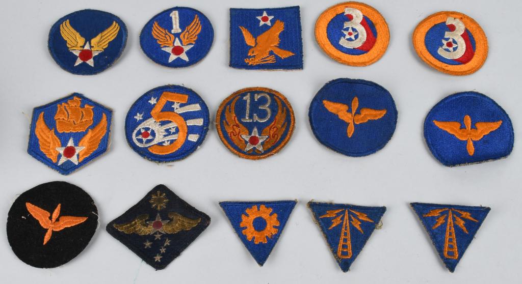 15 WWII US ARMY AIR CORPS AIR FORCES PATCHES: Lot of 15 WWII era US Army Air Corps / Air Forces patches. Includes 1st, 2nd, 3rd, 5th, 6th, and 13th Air Force command patches, as well as flight cadet patches in blue and black, a Far East Air Force