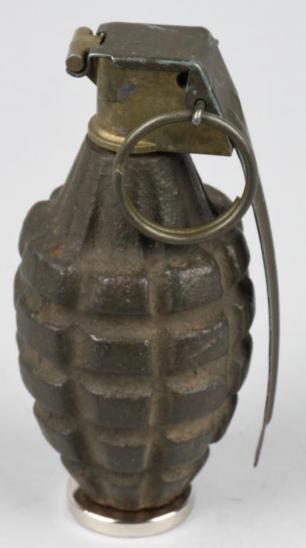 WWII Mk 2 INERT PINEAPPLE HAND GRENADE: WWII Fragmentation grenade, this style the Mk 2 commonly referred to as a Pineapple grenade. Antipersonnel explosive -- this example has been rendered inert, has no fuse, and has a hole cut out of the
