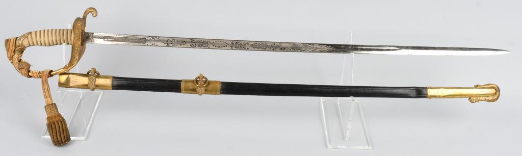 US NAVY OFFICERS SWORD NAMED TO ADMIRAL WWII KOREA: US Naval Officer's sword with white, gold-wrapped handle and original gold bullion sword knot. Etched on the blade with the name "HUGH CHARLES HAYNSWORTH JR." 31" blade, 36" overall, with matching bla