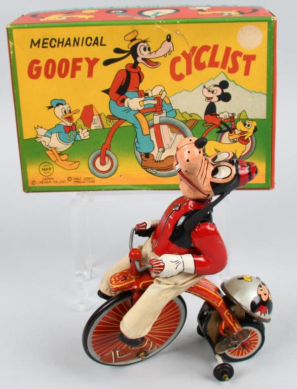 LINEMAR Tin Windup GOOFY CYCLIST w/ BOX: Excellent Linemar Walt Disney Goofy Cyclist on High Wheel Bike. All original and complete. Nice colors and graphics. Has original ears and correct bell. Windup works. A nice example of a scarce toy. W