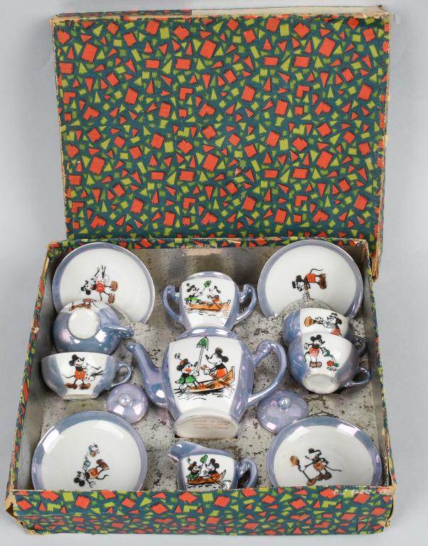 Early MICKEY MOUSE TEA SET w/ BOX: Excellent early Mickey Mouse Tea Set. All original and complete. Made in Japan. Nice bisque Tea Set with great Mickey and Minnie Mouse graphics. All complete with no broken pieces. In original Box wit