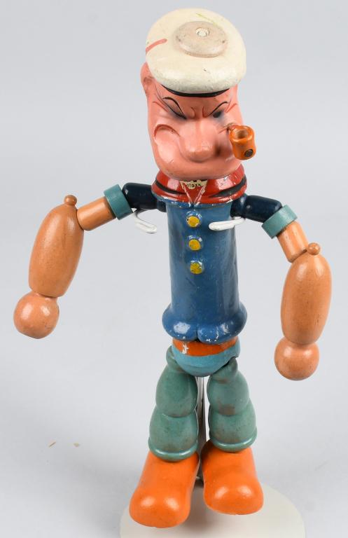 IDEAL NOVELTY CO. POPEYE WOOD JOINTED FIGURE: Excellent 14" Ideal wood jointed Popeye. Nice colors and partial decal dated 1935. Nice original example. 14" Excellent