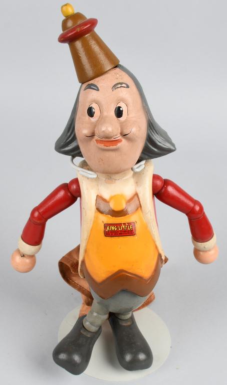 IDEAL NOVELTY CO KING LITTLE WOOD JOINTED FIGURE: Excellent 13" Ideal wood jointed King Little. Nice colors and chest decal. Still has cape. Great original example. 13" Excellent