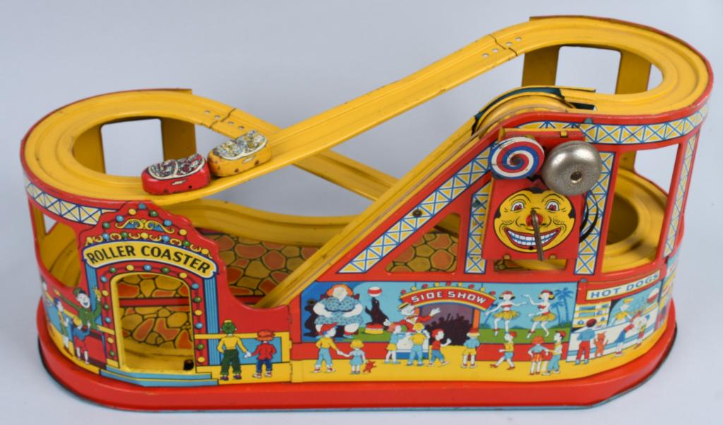 CHEIN Tin Windup ROLLER COASTER: Nice colorful tin windup Roller Coaster. Comes with 2 Cars. All original and working. 19" Excellent