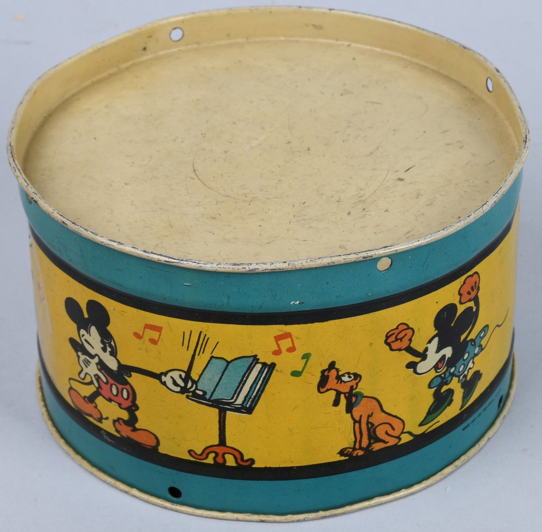 Early OHIO ART TIN MICKEY MOUSE DRUM: Nice early tin Mickey Mouse Drum. Great graphics of Walt Disney Characters. Very nice colors. 6 1/2" Excellent