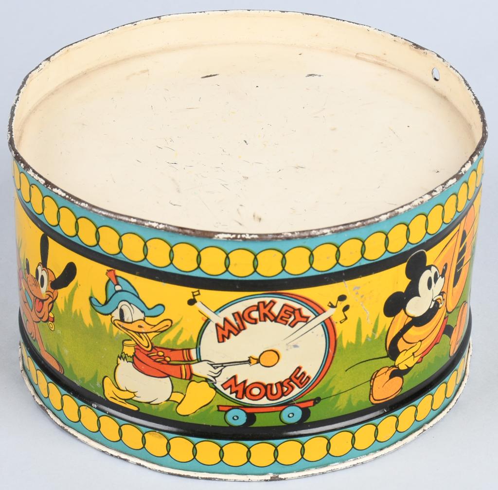 Early OHIO ART TIN MICKEY MOUSE DRUM: Nice early tin Mickey Mouse Drum. Great graphics of Walt Disney Characters. Very nice colors. 6 1/2" Excellent