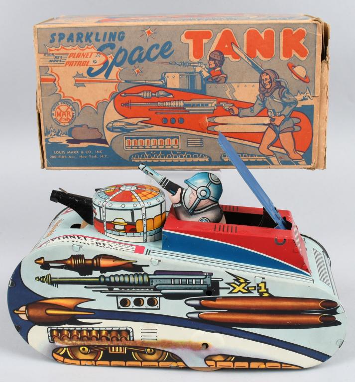 MARX Tin Windup REX MARS SPACE TANK w/ BOX: Excellent Rex Mars Planet Patrol Space Tank. All original with great colors and graphics. Looks never played with condition. Windup works. Boxed. 10" Excellent