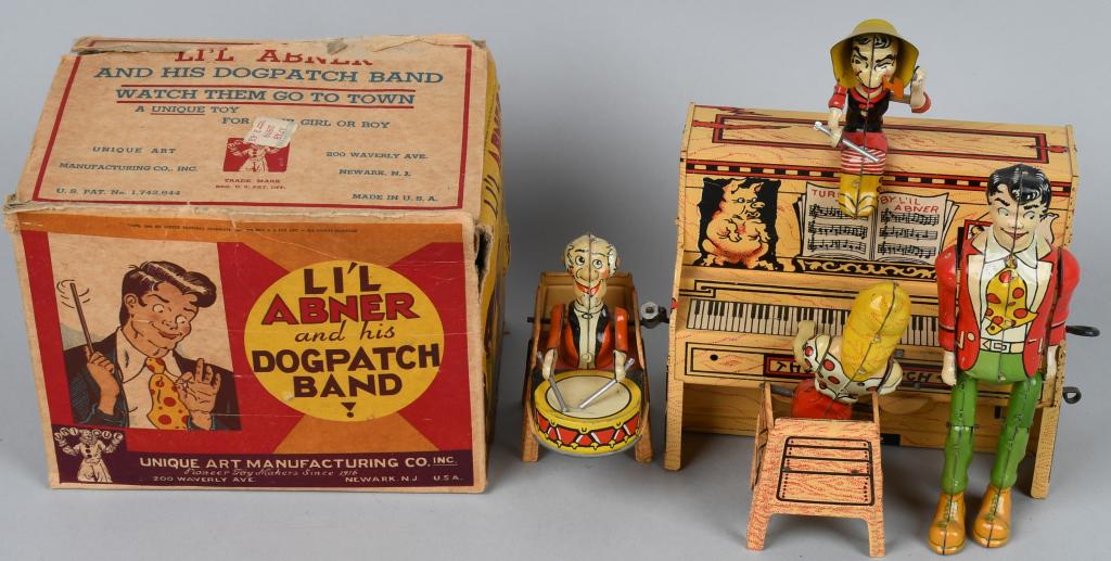 UNIQUE ART Tin Windup LIL ABNER BAND w/ BOX: Excellent tin windup Lil Abner Band. All original and complete. Great colors and graphics. Windup works. With Instructions and Box. 8" Excellent