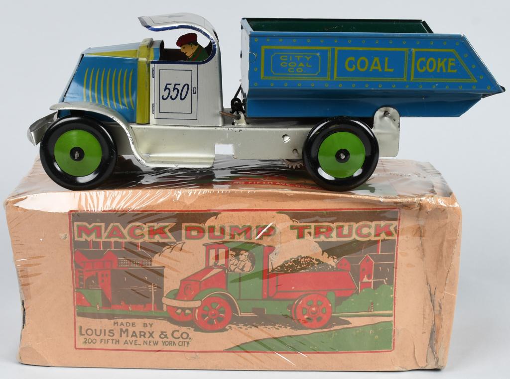 MARX Tin Windup MACK DUMP TRUCK w/ BOX: Excellent early Marx tin windup Mack Dump Truck. All original and complete with driver. Has wonderful colors and details. Windup works. Comes with very scarce original box. 13 1/2" Excellent