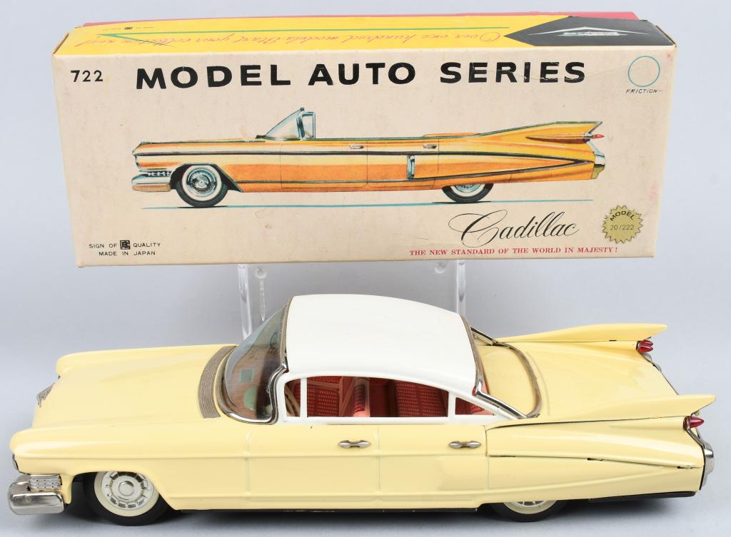 BANDAI Tin Friction 1959 CADILLAC CONV w/ BOX: Outstanding tin friction 1959 Cadillac Convertible. This car looks new old stock condition! All original and beautiful. Very detailed car. Friction works. With Box. 11 1/2" Excellent-Near Mint