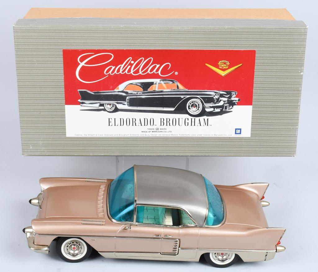 MARUSAN USA Tin Friction CADILLAC ELDORADO w/ BOX: Excellent tin friction 1957 Cadillac Eldorado Brougham. Never played with condition. Boxed. 16" Excellent
