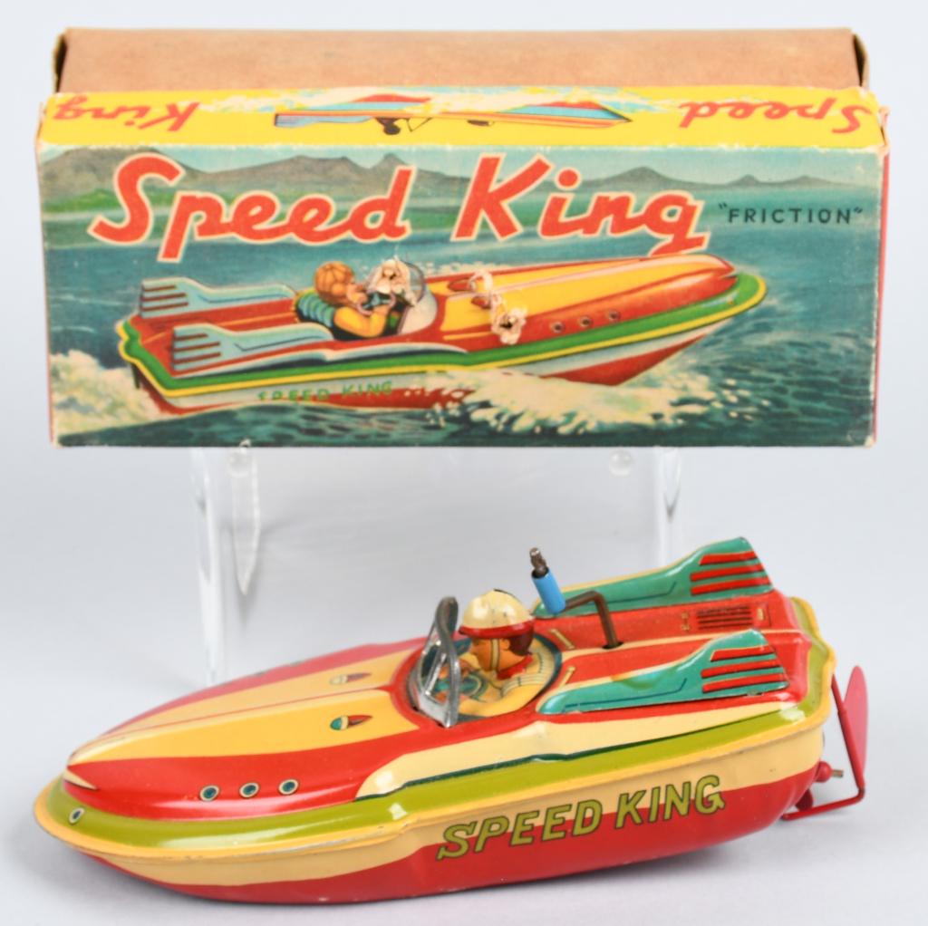 ALPS Tin Windup SPEED KING BOAT w/ BOX: Excellent tin windup Speed Boat made in Japan. Great colors and details. Has 50s style fins and driver. Looks never played with condition. Works. Boxed. 7 1/2" Excellent