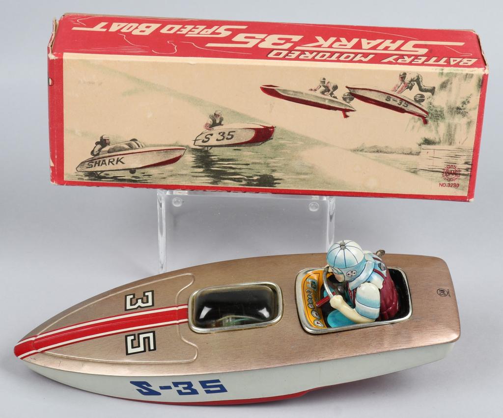 MARUSAN Battery Op SHARK 35 SPPED BOAT w/ BOX: Excellent battery operated Shark 35 Speed Boat made in Japan. Nver played with condition. Great details. Worked when tested. Boxed. 10 1/2" Excellent