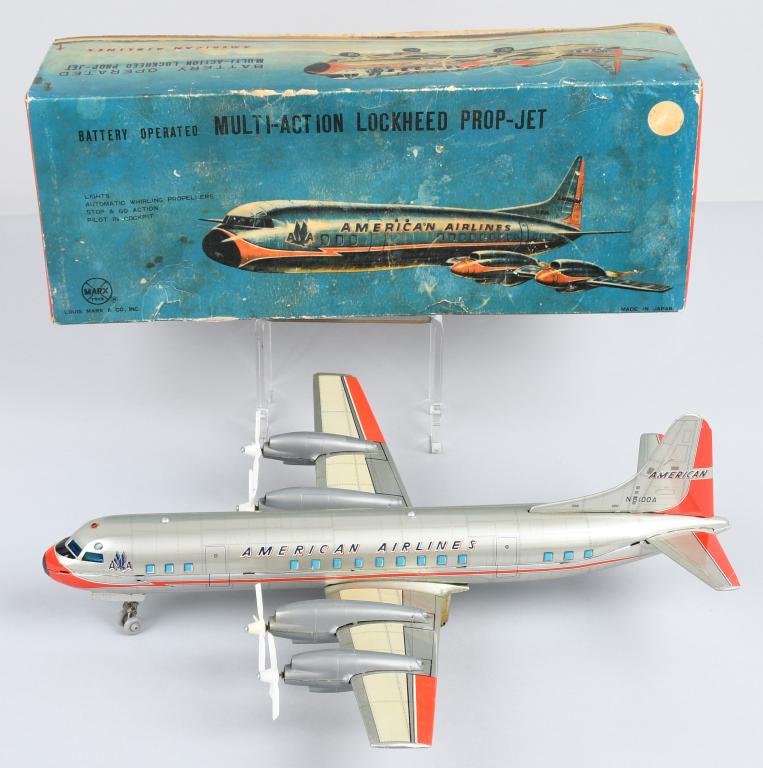 MARX Battery Op LOCKHEED PROP JET w/ BOX: Excellent battery operated American Airlines Lockheed Prop Jet. Looks never played with condition. Great colors and details. Has 4 engines with props. Worked when tested. Boxed 15" wingspan. Excellent
