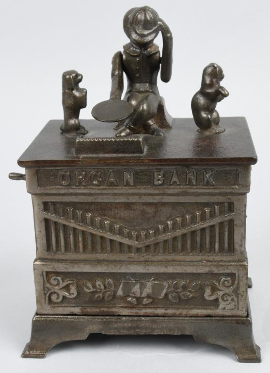 CAT & DOG ORGAN MECHANICAL BANK: Nice original Kyser & Rex Cat & Dog Organ Bank. No breaks or repairs. Has no paint. Possibly a pattern. Excellent
