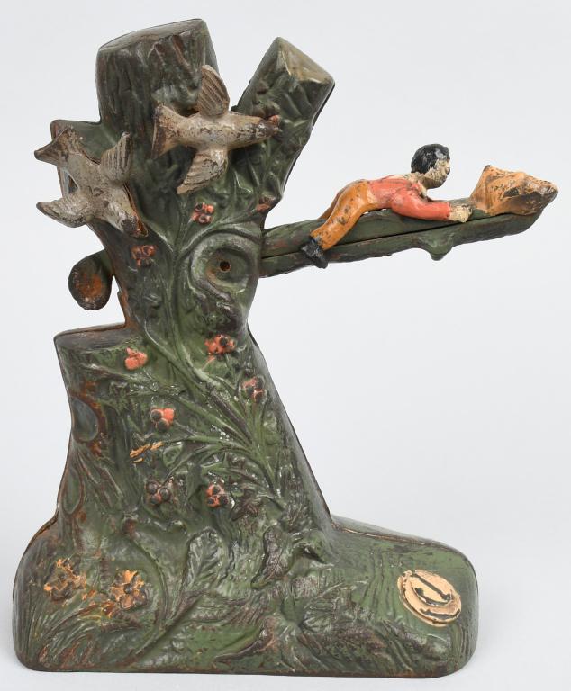 BOY ROBBING BIRDS NEST MECHANICAL BANK: Salafian Brothers Boy Robbing Birds Nest Mechanical Bank. No breaks or repairs. All original paint. Excellent