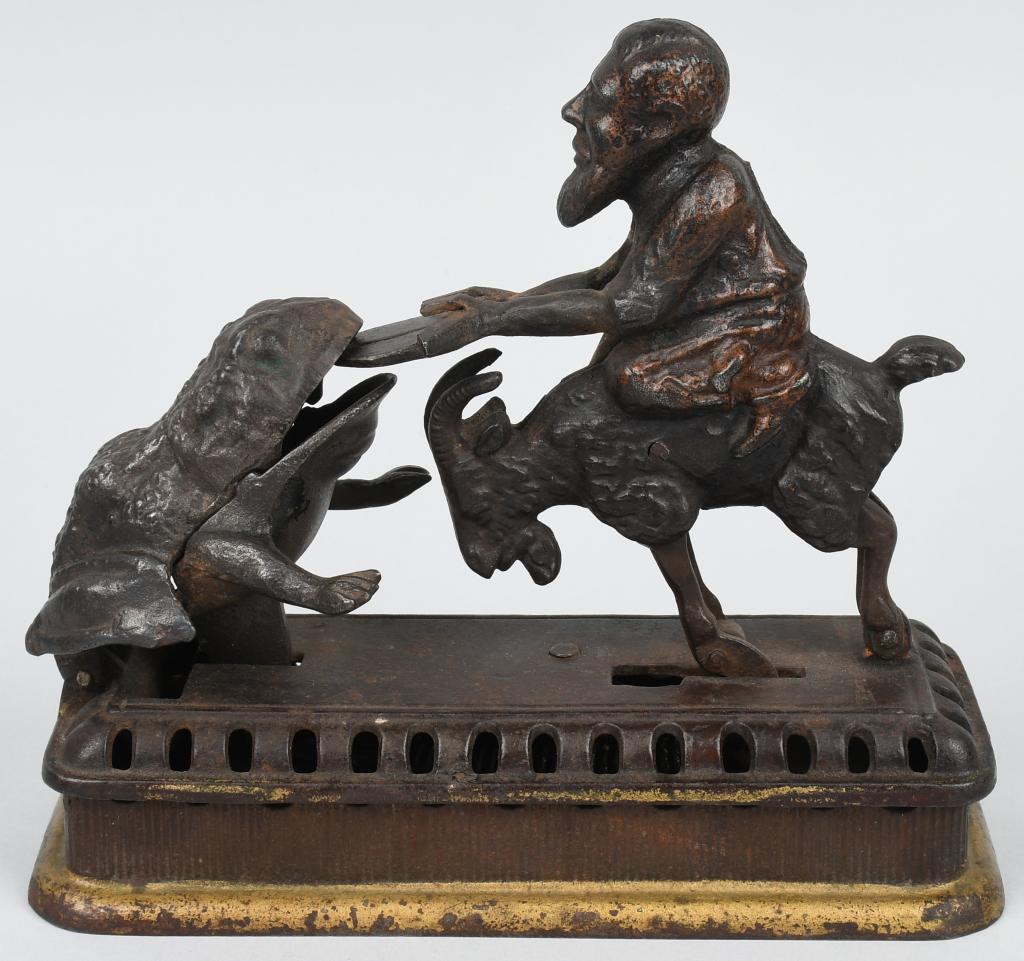 GOAT FROG & OLD MAN MECHANICAL BANK: Original Mechanical Novelty Works Goat Frog and Old Man (Initiation Bank) Mechanical Bank. No breaks or repairs. The frog figure has been replaced. The bank has nice japaned and painted finish. A very
