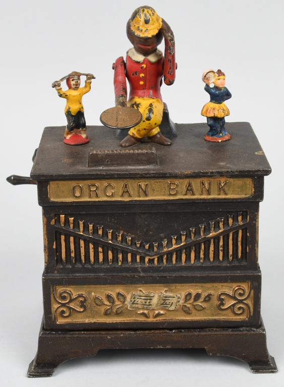 ORGAN WITH BOY & GIRL MECHANICAL BANK: Original Kyser & Rex Organ with Boy and Girl Mechanical Bank. No breaks or repairs. Has nice japaned finish. Figures have been repainted. Very Good